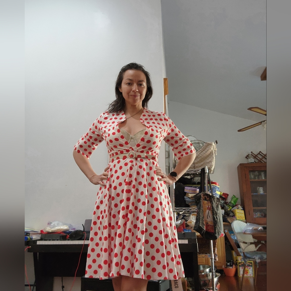 Retro style polka dotted dress size 8-10.  Red and white.